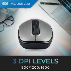 Adesso iMouse A10 Mouse - Radio Frequency - USB - Optical - Black, Grey - Wireless - 9.14 m - 2.40 GHz - 1600 dpi - Scroll