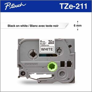 Brother Genuine P-touch TZe211 BK on WHT Label Tape, Laminated, 6mmX8m - x 15/64" (6 mm) Width - White - Polyethylene Tere