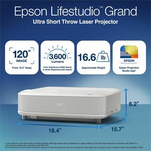 Epson Lifestudio Grand Ultra Short Throw Laser Projector - 16:9 - Tabletop - White - High Dynamic Range (HDR) - 1920 x 108