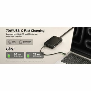 Belkin 2-Outlet Charging Station w/ 2x USB-A, 1x USB-C Ports + Tethered USB-C Cable 70W - 5ft Cord - Black - 70 W - 4.92 f