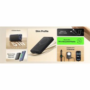 Belkin BoostCharge Power Bank - Black - For Smartphone, iPhone - 10000 mAh - 20 W - USB Type-C Connector - 2 x USB - Magne