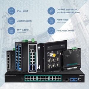 TRENDnet 6-Port Hardened Industrial Gigabit PoE+ DIN-Rail Switch, 4 x Gigabit PoE+ Ports, Shared Gigabit Port (RJ-45/SFP),