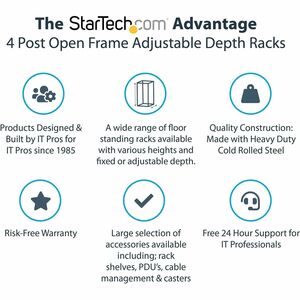 StarTech.com 4-Pfosten 18 HE Mobiles Open Frame Serverrack, 19" Netzwerk Rack, Rack für AV/IT; Rollen, Nivellierfüße oder 