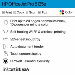 HP Officejet Pro 8135e Wired & Wireless Inkjet Multifunction Printer - Copier/Fax/Printer/Scanner - 1200 x 1200 dpi Print 