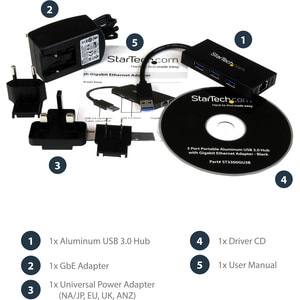StarTech.com 3 Port Portable USB 3.0 Hub with Gigabit Ethernet Adapter NIC - 5Gbps - Aluminum w/ Cable - Add 3 external US