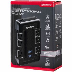 CyberPower HT600WSU2A Premier Home Theater 6 - Outlet Surge with 1680 J - Clamping Voltage 500V, NEMA 5-15P, Wall Tap, 15 