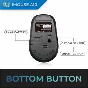 Adesso iMouse A10 Mouse - Radio Frequency - USB - Optical - Black, Grey - Wireless - 9.14 m - 2.40 GHz - 1600 dpi - Scroll