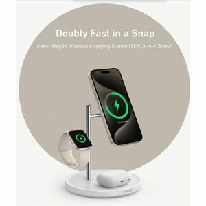 Caricatore a induzione ANKER MagGo A25M3 - Bianco, Argento - Per Dispositivo abilitato Qi2, iPhone, Smartwatch, AirPod, Ea