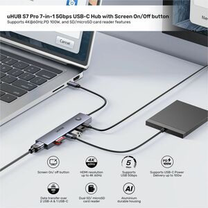 uHUB S7 Pro 7-in-1 5Gbps USB-C Hub with Screen On/Off button Supports 4K60Hz PD 100W SD/microSD card reader