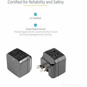 StarTech.com Travel USB Wall Charger - 2 Port - Black - Universal Travel Adapter - International Power Adapter - USB Charg
