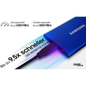  SSD Externe T7 Samsung 2To Bleu MU-PC2T0H, vitesse de lecture jusqu'à 1050 Mo/s, résiste aux chutes jusqu'à 2m