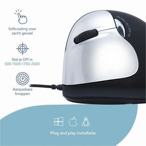 R-Go HE Mouse - USB 2.0 - 5 Button(s) - Black - Cable - 2500 dpi - Scroll Wheel - Large Hand/Palm Size - Left-handed