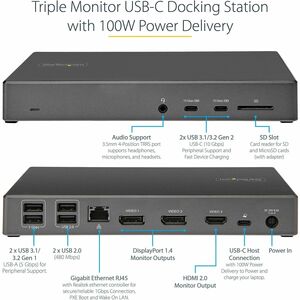 StarTech.com USB C Dock, Triple 4K Monitor USB-C Docking Station with DP 1.4 & DSC, 2x DisplayPort & 1x HDMI, 100W PD, 6x 