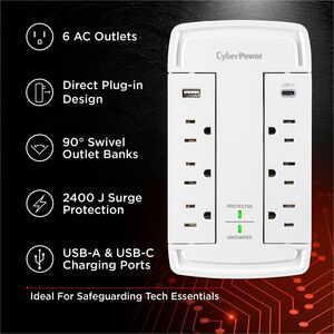 CyberPower CSP6WSUC Home Office 6 - Outlet Surge Protector with 2400 J Surge Suppression - Clamping Voltage 800V, NEMA 5-1