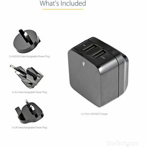 StarTech.com Travel USB Wall Charger - 2 Port - Black - Universal Travel Adapter - International Power Adapter - USB Charg