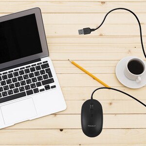 Macally USB Optical Quiet Click Mouse for Mac/PC Black - Optical - Cable - Black - USB - 2400 dpi - Scroll Wheel - Symmetr