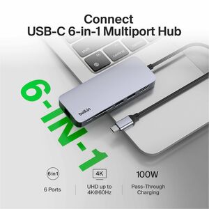 Belkin Connect USB-C 6-in-1 Multiport Hub - for Notebook, Desktop PC, Tablet PC, Smartphone, Monitor - Memory Card Reader 