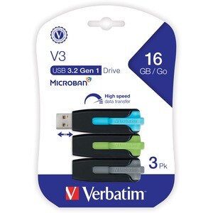 16GB Store 'n' Go® V3 USB 3.2 Gen 1 Flash Drive - 3pk - Blue, Green, Gray - 16GB - 3pk - Blue, Green, Gray