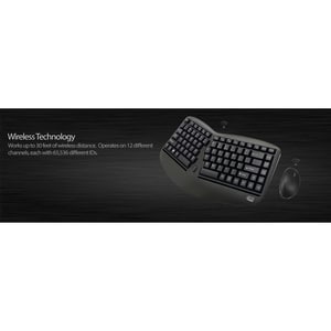 Adesso Tru-Form Wireless Ergo Mini Keyboard & Mouse - USB Membrane Wireless RF Keyboard - 87 Key - English (US) - Black - 