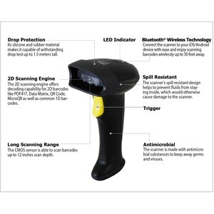 Adesso NuScan 2500TB Logistics, Warehouse Handheld Barcode Scanner - Wireless Connectivity - Black - USB Cable Included - 