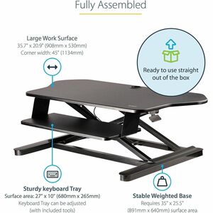 StarTech Corner Sit Stand Desk Converter, Keyboard Tray, 35"x21" Surface, Height Adjustable Ergonomic Tabletop Standing De
