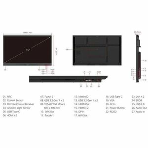 ViewSonic ViewBoard IFP6551-3C 1638.30 mm 4K UHD LCD Collaboration Display - 8 GB - Ultra Fine Touch (UFT) - Touchscreen -
