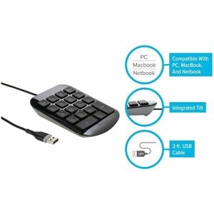 Targus Numeric Keypad - Cable Connectivity - USB Interface - ChromeOS - Desktop Computer, MacBook, Netbook - PC, Mac - Black