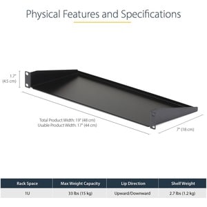 StarTech.com 1U Server Rack Shelf, Universal Rack Mount Cantilever Tray for 19" Network Equipment Rack, Heavy Duty Steel, 