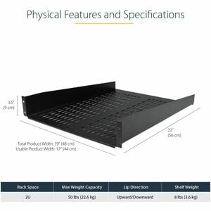 StarTech.com 2U 22in Vented Rack Mount Shelf - Fixed 22 inch Deep antilever Rackmount Tray for Server Rack Cabinet Shelf -