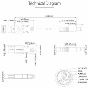 StarTech.com 1m USB to Type N Barrel 5V DC Power Cable - USB A to 5.5mm DC - 1 Meter USB to 5.5mm DC Plug - USB / Barrel C