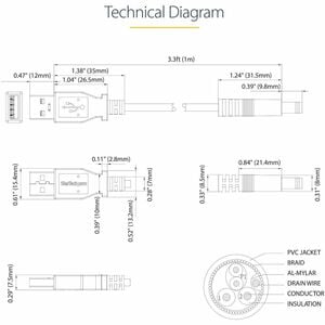 StarTech.com 1m USB to Type N Barrel 5V DC Power Cable - USB A to 5.5mm DC - 1 Meter USB to 5.5mm DC Plug - USB / Barrel C