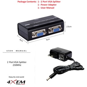 4XEM 2-Port VGA Splitter 250 MHz - 250 MHz to 250 MHz - 1920 x 1440 - 213 ft Maximum Operating Distance - VGA In - VGA Out