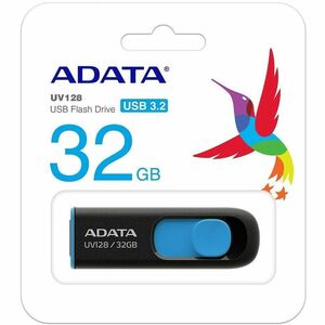 Adata UV128 32GB USB 3.2 (Gen 1) Flash Drive - 32 GB - USB 3.2 (Gen 1) - 100 MB/s Read Speed - Blue, Black - 5 Year Warranty