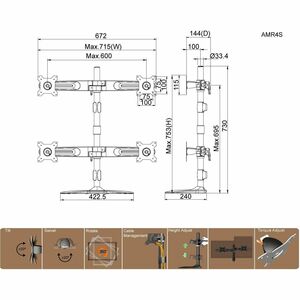 Amer Mounts Stand Based Quad Monitor Mount for four 15"-24" LCD/LED Flat Panel Screens - Supports up to 17.6lb monitors, +