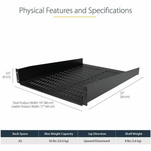 StarTech.com 2U 22in Vented Rack Mount Shelf â€" Fixed Server Rack Cabinet Shelf - 50lbs / 22kg - Steel, SPCC - 22.68 kg S