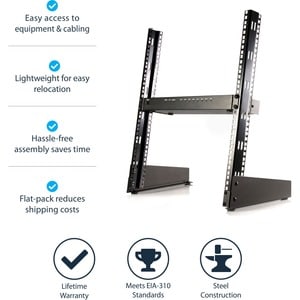 StarTech.com Open frame rack - 12U 19in - 2 post rack - desktop open rack - Steel - 50 kg Maximum Weight Capacity