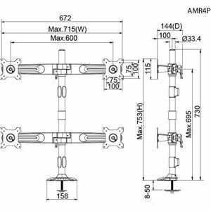 Amer Mounts Quad Monitor Grommet Mount Supports Flat Panel Sizes 15" to 24" AMR4P - A Pole/Grommet based mount that suppor