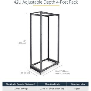 StarTech.com 42U Adjustable Depth Open Frame 4 Post Server Rack Cabinet - Flat Pack w/ Casters, Levelers and Cable Managem