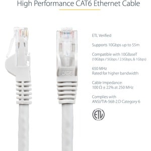 StarTech.com 3m CAT6 Ethernet Cable - White Snagless Gigabit - 100W PoE UTP 650MHz Category 6 Patch Cord UL Certified Wiri