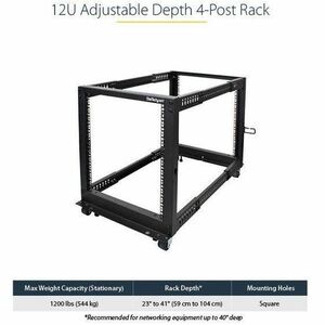StarTech.com 4-Post 12U Mobile Open Frame Server Rack, 19" Network Rack with Casters, Rolling Rack for Computer/AV/Data/IT