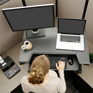 Ergotron WorkFit-T, Standing Desk Workstation (black with grey surface) - Gray Top - 35 lb Capacity - Height Adjustable - 