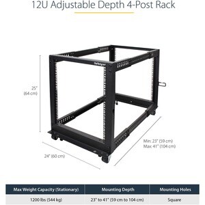 StarTech.com 12U Adjustable Depth Open Frame 4 Post Server Rack w/ Casters / Levelers and Cable Management Hooks - Steel, 