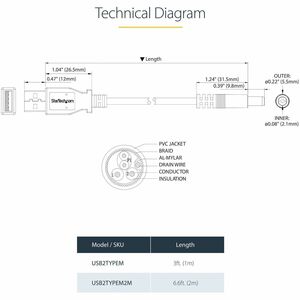 StarTech.com Câble d'alimentation USB vers prise DC de 91 cm - Cordon USB vers connecteur Type M 5V - USB / Connecteur Enf
