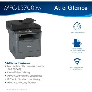 Brother MFC-L5700DW Laser Multifunction Printer - Monochrome - Duplex - Copier/Fax/Printer/Scanner - 42 ppm Mono Print - 1