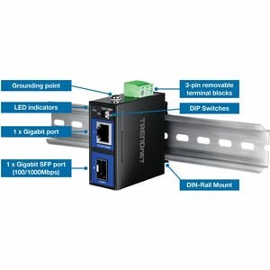 TRENDnet Hardened Industrial 100/1000 Base-T To SFP Media Converter, DIN-Rail And Wall Mount Hardware Included, Multi Or S