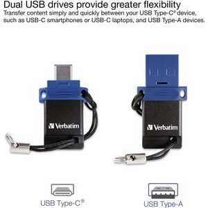 Verbatim Store 'n' Go Dual 3.2 Gen 1 Flash Drive - 64 GB - USB 3.0 Type C - Blue - Lifetime Warranty - 1 Each - TAA Compliant