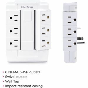 CyberPower GT600P Wall Tap Outlet - 6 - NEMA 5-15R Outlet(s), NEMA 5-15P Plug Type, Wall Tap Plug Style, White