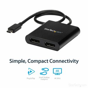 StarTech.com USB-C to Dual DisplayPort 1.2 Adapter, USB Type-C Multi-Monitor MST Hub, Dual 4K 30Hz DP Display Extender/Spl