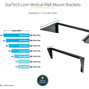 StarTech.com RK219WALLV. Typ: Wandmontiertes Regal, Rack-Kapazität: 2U, Höchstgewichtskapazität: 56,7 kg. Gewicht: 748,7 g