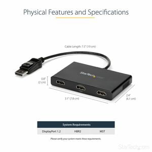 StarTech.com MSTDP123HD. Video Porttyp: DisplayPort, Video out: 3x HDMI. Maximale Auflösung: 3840 x 2160 Pixel, Produktfar